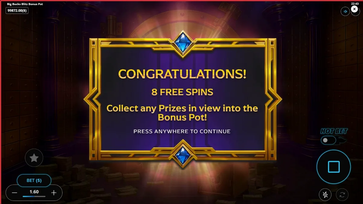 Tampilan antarmuka slot Big Bucks Blitz Bonus Pot dengan tema brankas mewah
