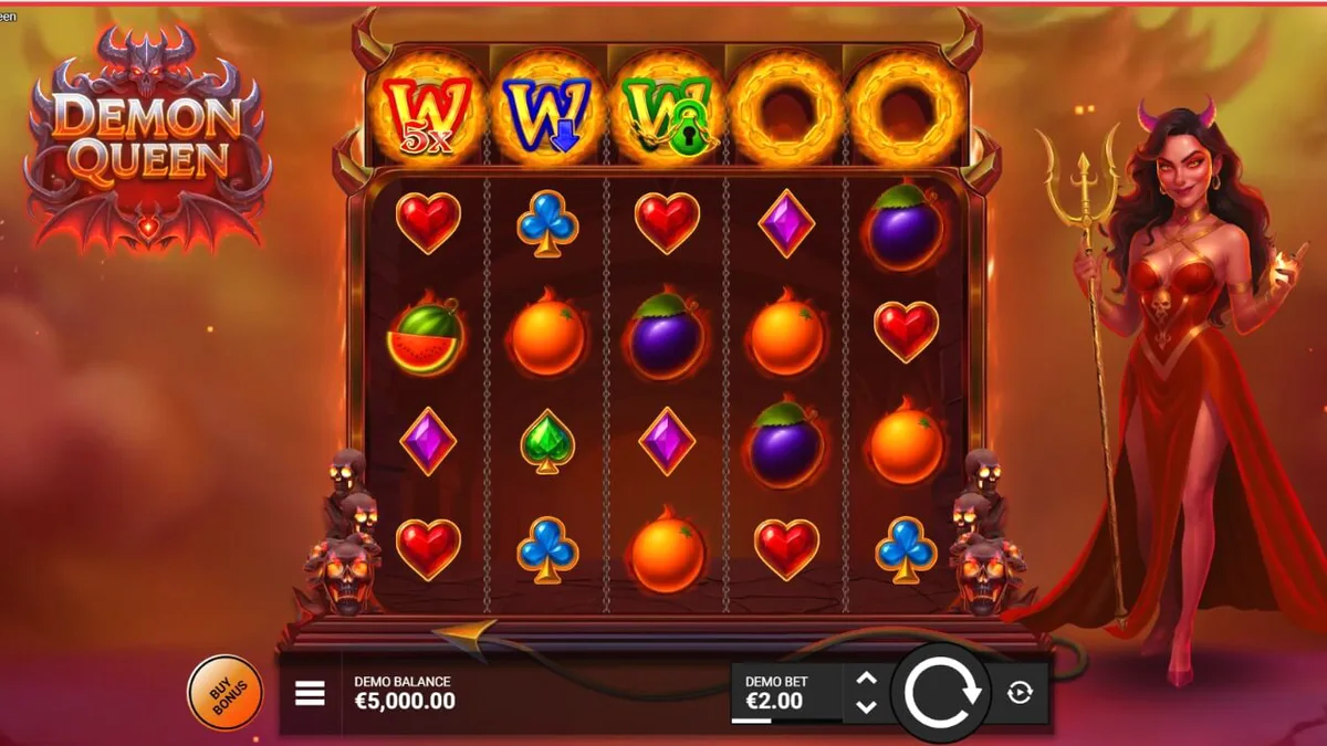 Tampilan visual slot Demon Queen dengan tema gothic dan api
