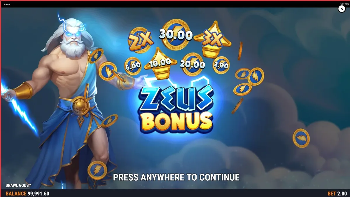 Tampilan visual slot Brawl Gods dengan desain layar terbagi antara Zeus dan Hades